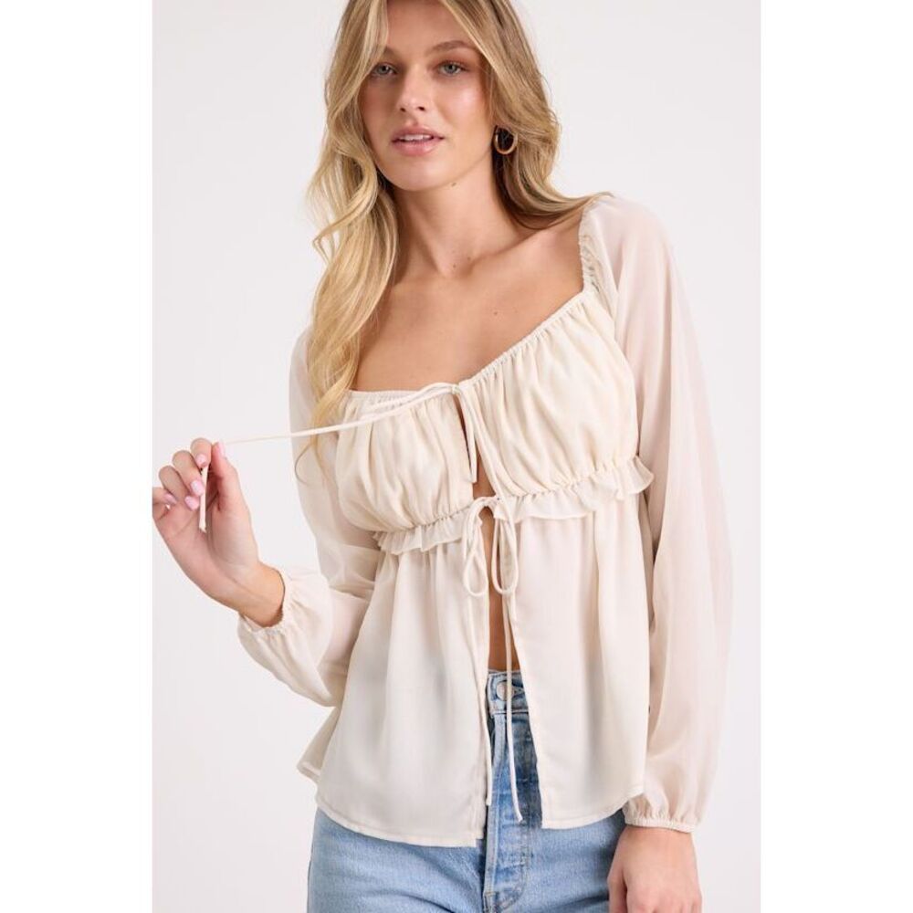 Lulus Lemmie Ivory Chiffon Tie-front Long Sleeve Top White - Size M